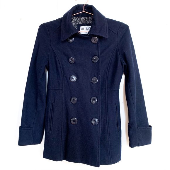 delias navy blue wool pea coat w/high neck buttons - Picture 3 of 7